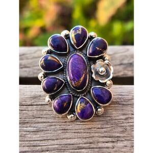 Vintage Purple Mohave Turquoise Statement Sterling Silver Floral Adjustable Ring